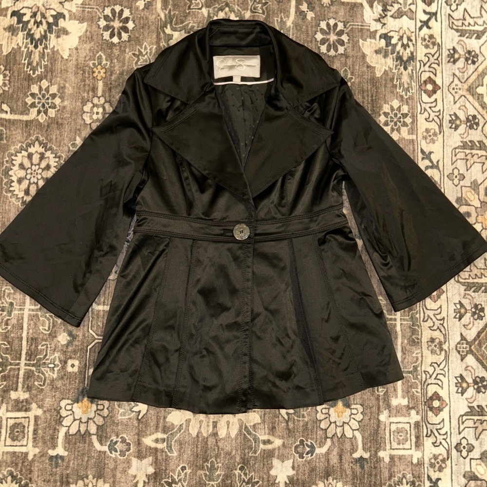 Jessica Simpson Y2K Black Satin Trench Jacket flare Sleeve cropped trench Coat